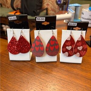 New Glitter Red Teardrop Heart Earrings Trio Christmas Valentines etc